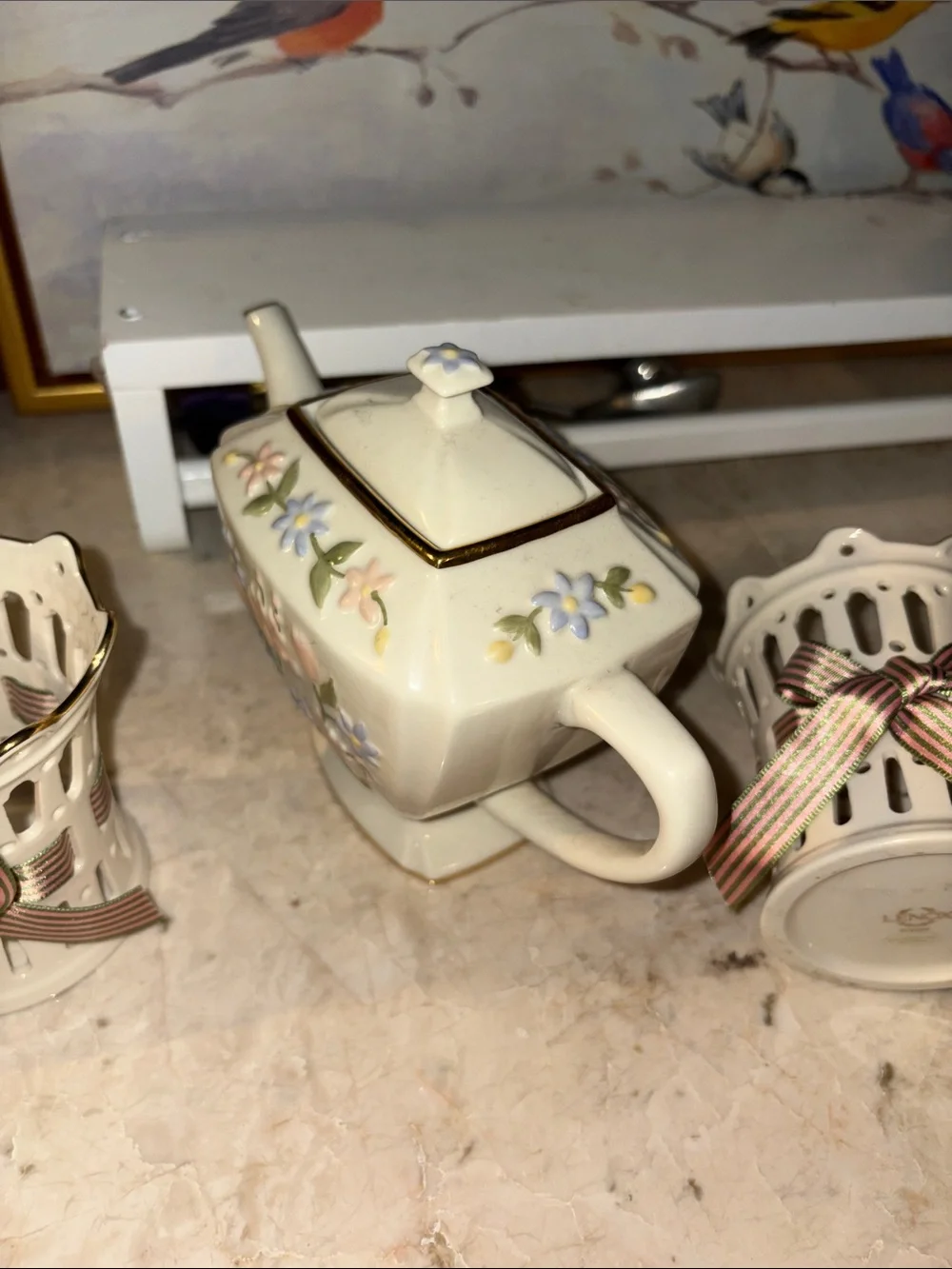 Lenox bundle Floral Porcelain Teapot with Cream Ceramic Holders - Cream